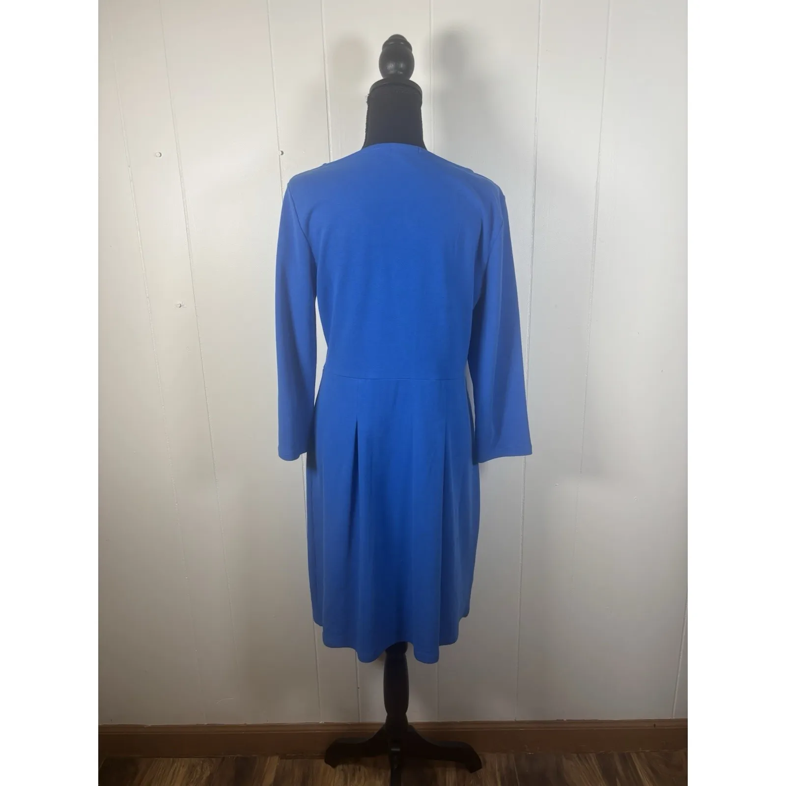 Garnet Hill Ponte Knit Dress 3/4 Sleeve Blue Fit and Flare Pleats Stretch SZ 12 - Image 2