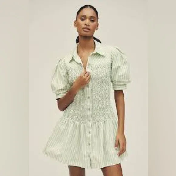 Anthropologie Short-Sleeve Smocked Mini Shirt Dress Green White MP Petite NWT - Image 2