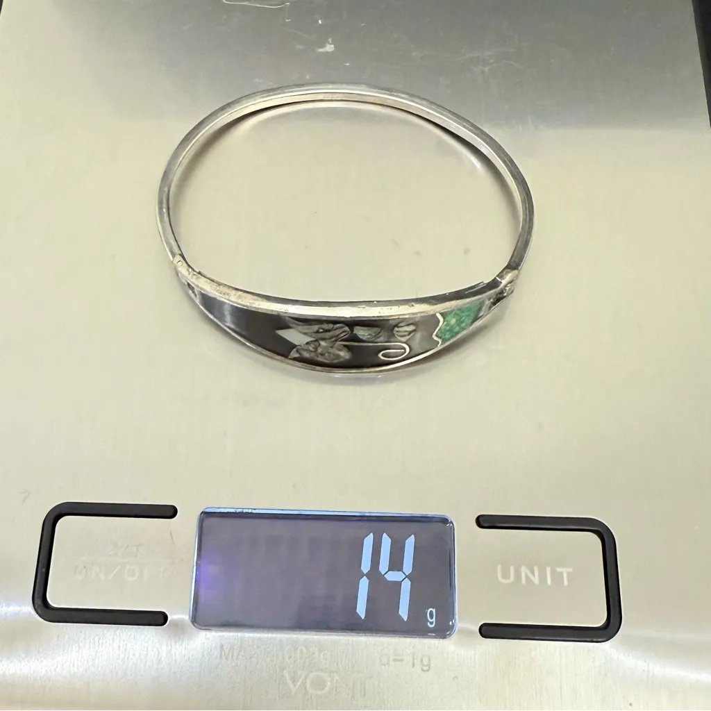 Vintage Alpaca Mexico Abalone Shell Inlay Hinged Cuff Bangle Bracelet 14g. Silver - Image 9