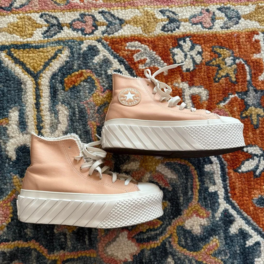 Converse 2X Platform High Cozy Sherpa - Vachetta Beige Leather 7.5 - Image 4