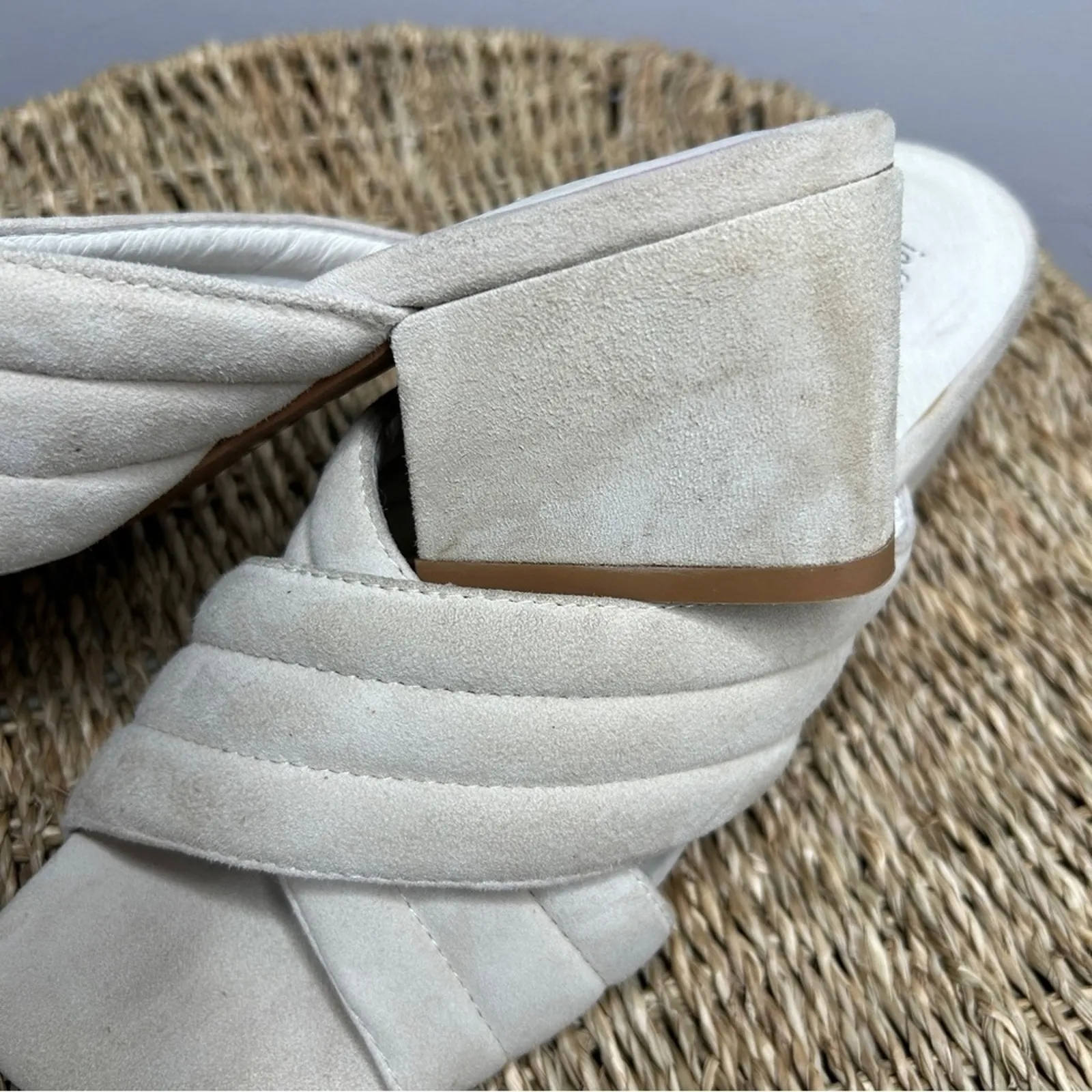 JEFFREY CAMPBELL Heeled Mules Womens Size 7.5 Cream Suede Slip On Square Neutral - Image 8