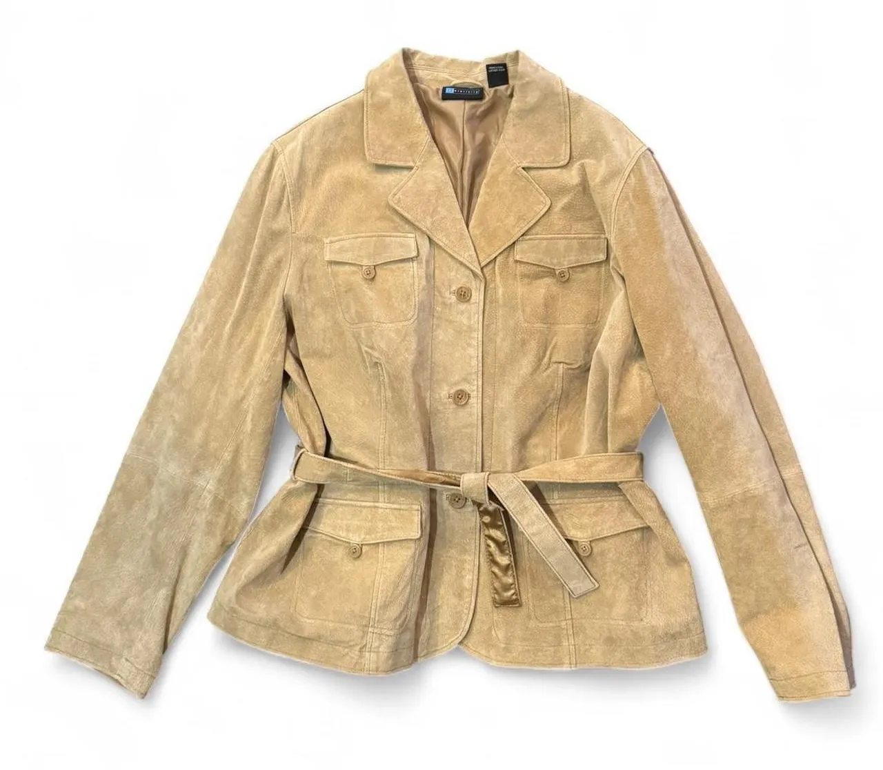 Relativity Women’s 2X Genuine Suede Leather Cropped Trench Coat Belted Tan - Image 1