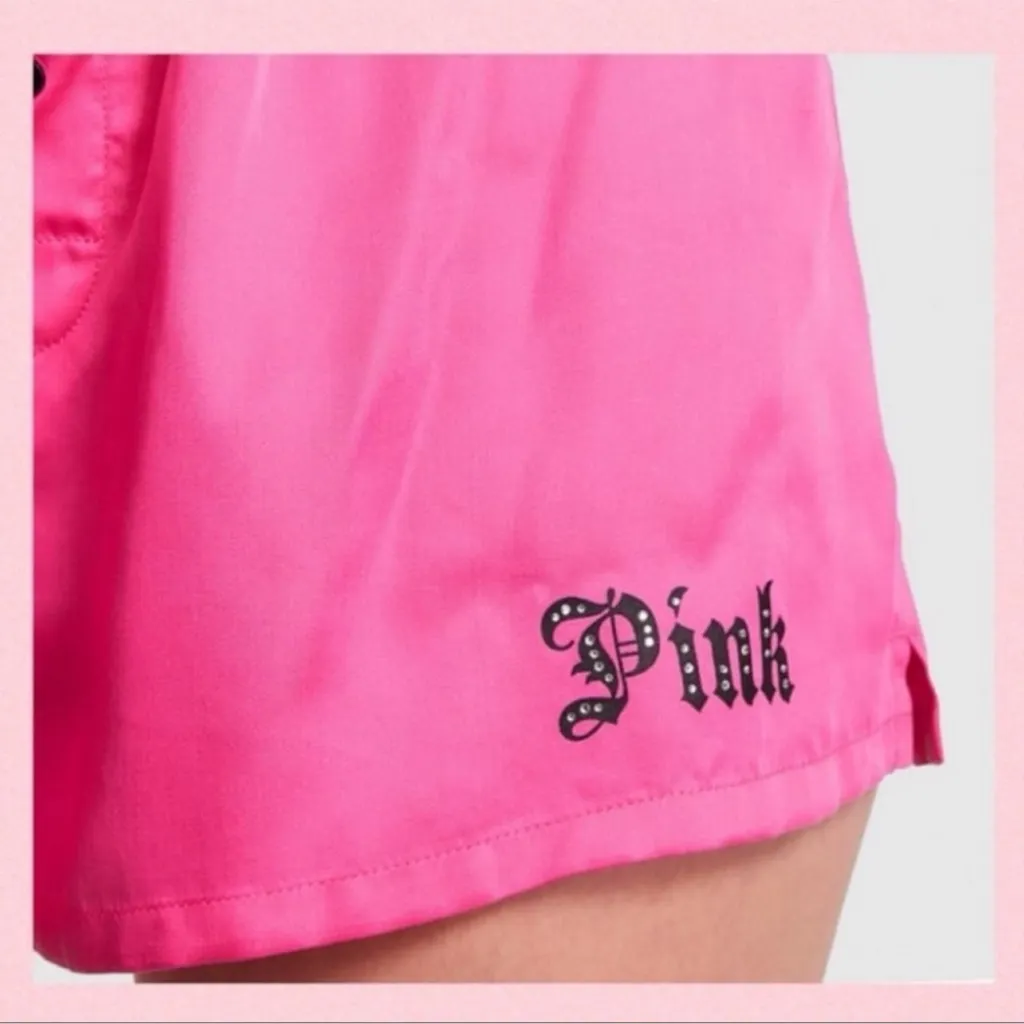PINK VICTORIA’S SECRET Silky Pajama Shorts Rose Pink & Black Bling “PINK” Logo S - Image 4