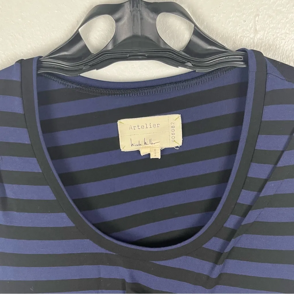 ARTELIER By Nicole Miller Dress Stripe Blue Black Cap Sleeve Jersey Dress Small - Image 5