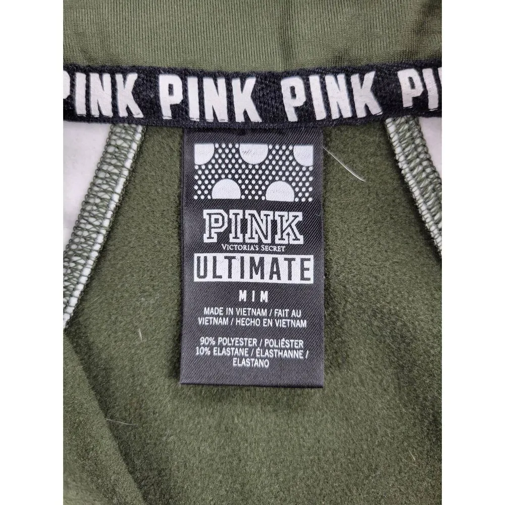 PINK Victoria's Secret Women's Track Jacket M Army Green Half Zip Thumbholes - Image 14