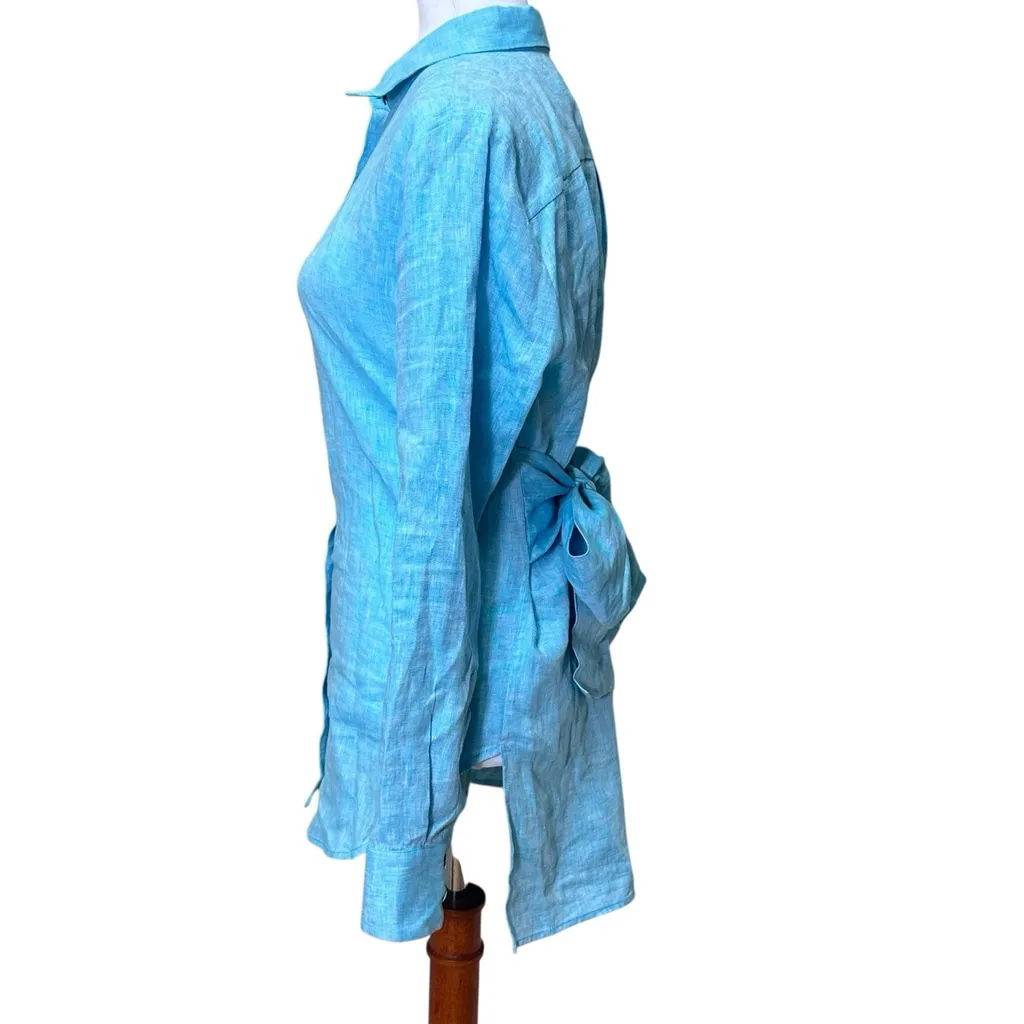 120% Lino Linen Teal Womens Long Sleeve Button Down Tunic Top Cinch Waist Tie M Blue Size M - Image 3