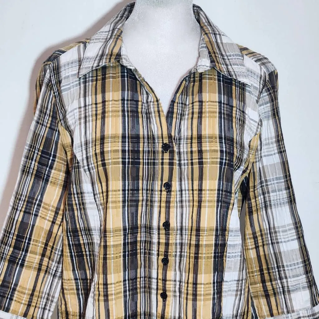 Christopher & Banks Brown Plaid Button Down Shirt Size Medium Textured Plaid Top - Image 2