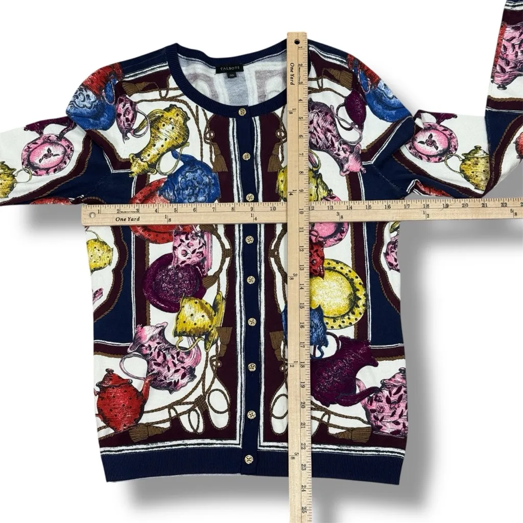 Talbots Tea Party Print Button Up Cardigan Sweater Blue Multi XS - Image 12