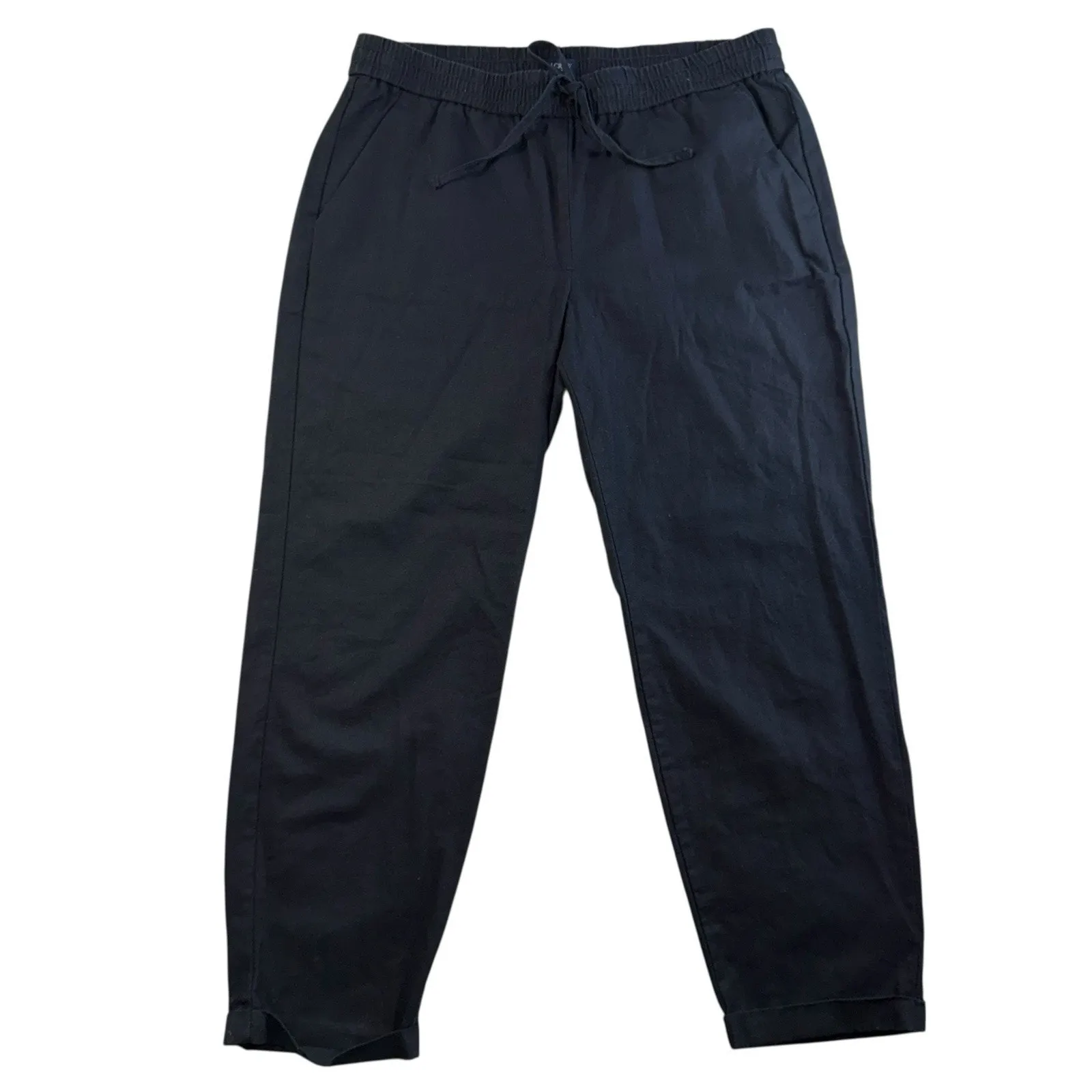 J.Crew Sz 12 Striped Linen Cotton Blend Drawstring Pants Cropped Cuffed Black - Image 2