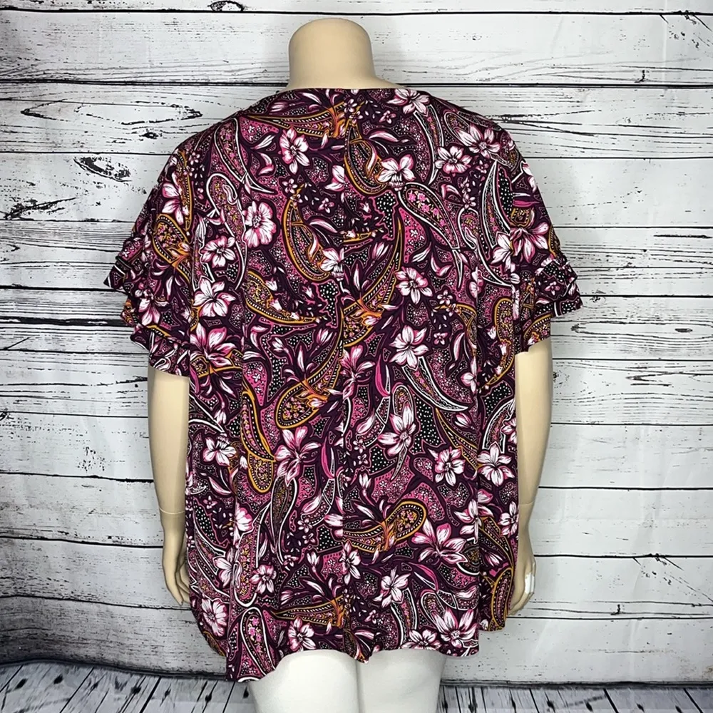 Lane Bryant NWT 28 Purple & Orange Paisley/Floral Print Ruffle Sleeve Blouse Top - Image 4