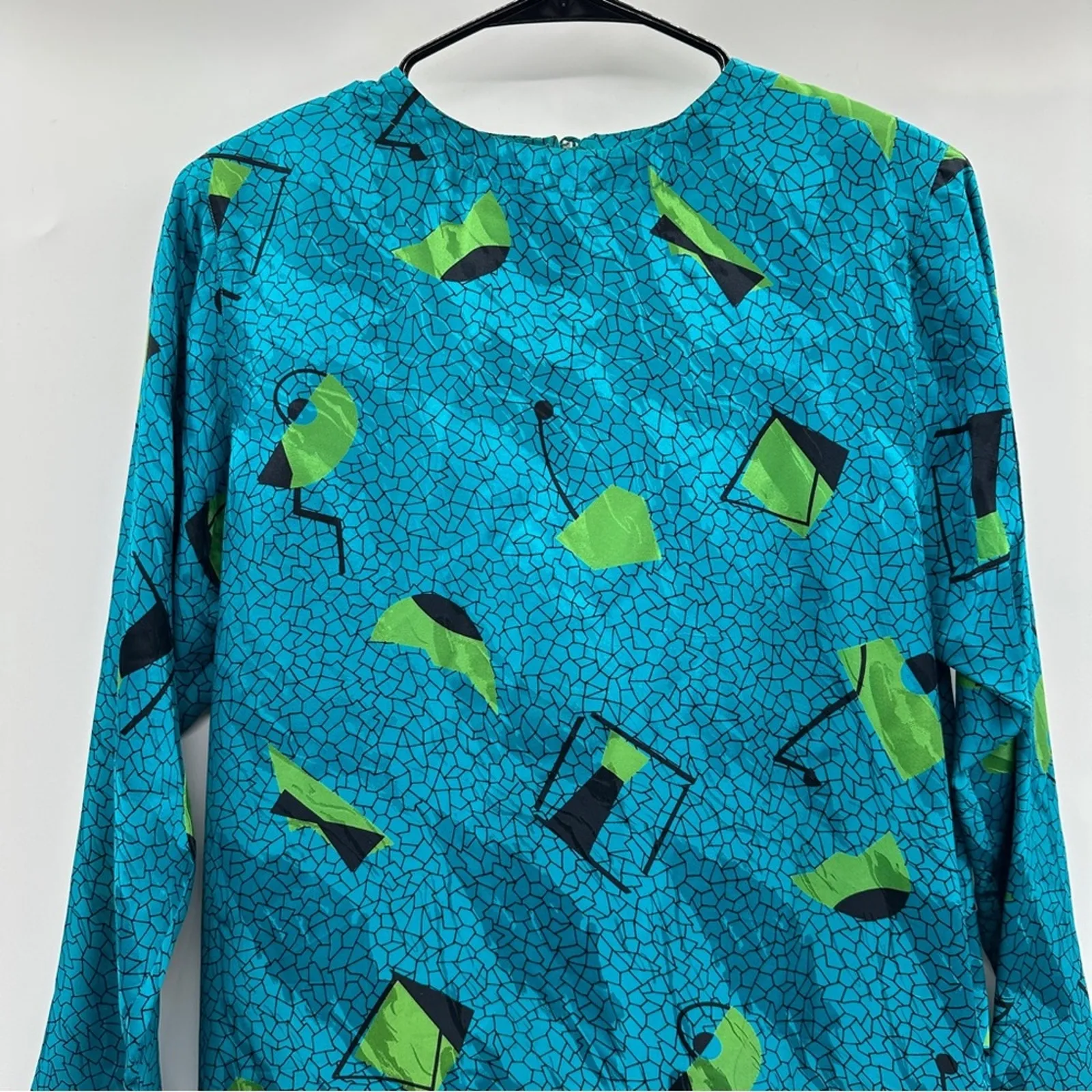 Vintage Maggy London 100% Silk‎ Blue & Green Geometric Tunic Slip Dress Sz 8 - Image 2