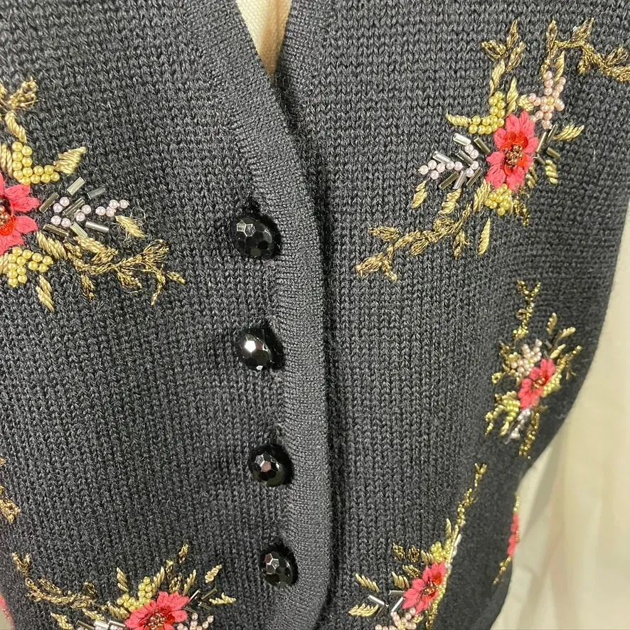Susan Bristol Floral Beaded Black Wool Knit Vest‎ Womens Medium Vintage 80's - Image 6