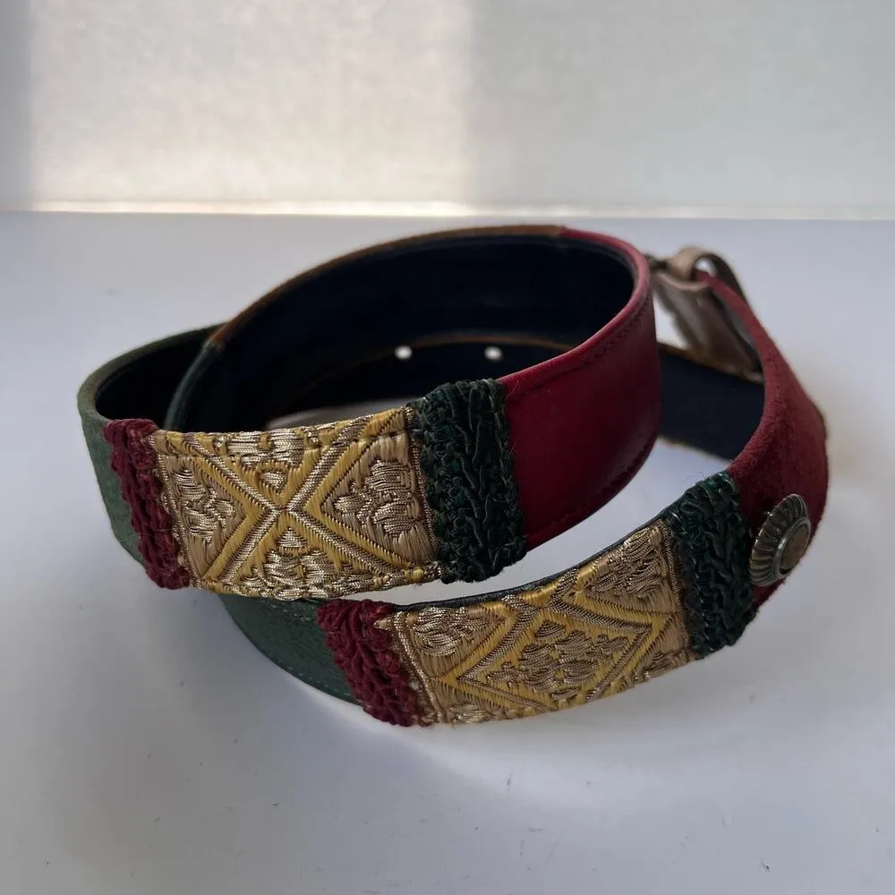 VINTAGE ALDEN HOWARD Patchwork Boho Womens Belt Sz M Burgundy Cherry Retro Green - Image 16