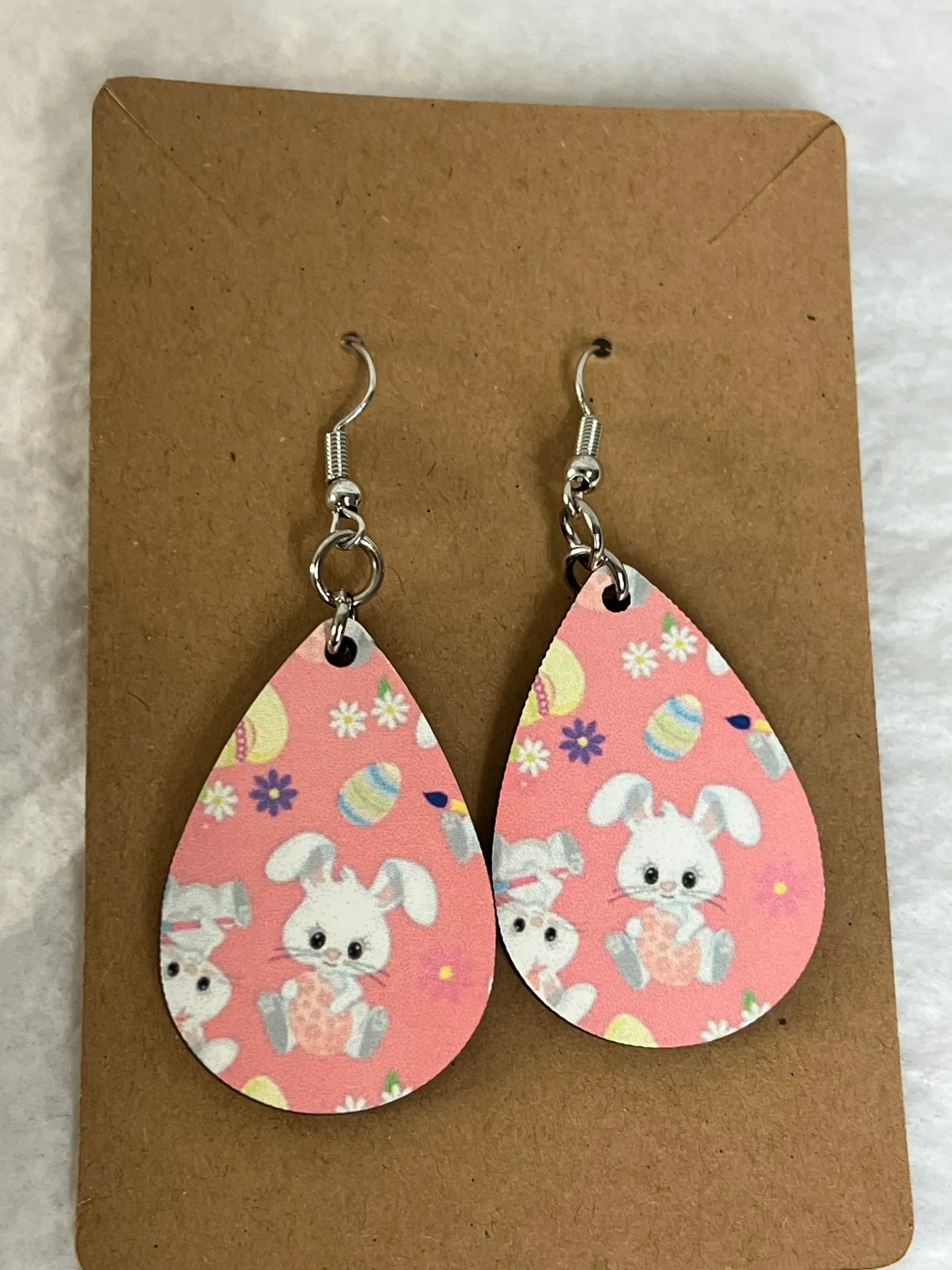 Easter Bunny Pink Teardrop Dangle Pierced Earrings - Image 2