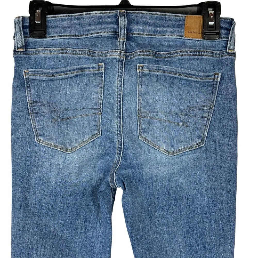 American Eagle SZ 4 SHORT Jeggings Jeans Stretch Low-Rise Zip-Fly Whiskered Blue - Image 5