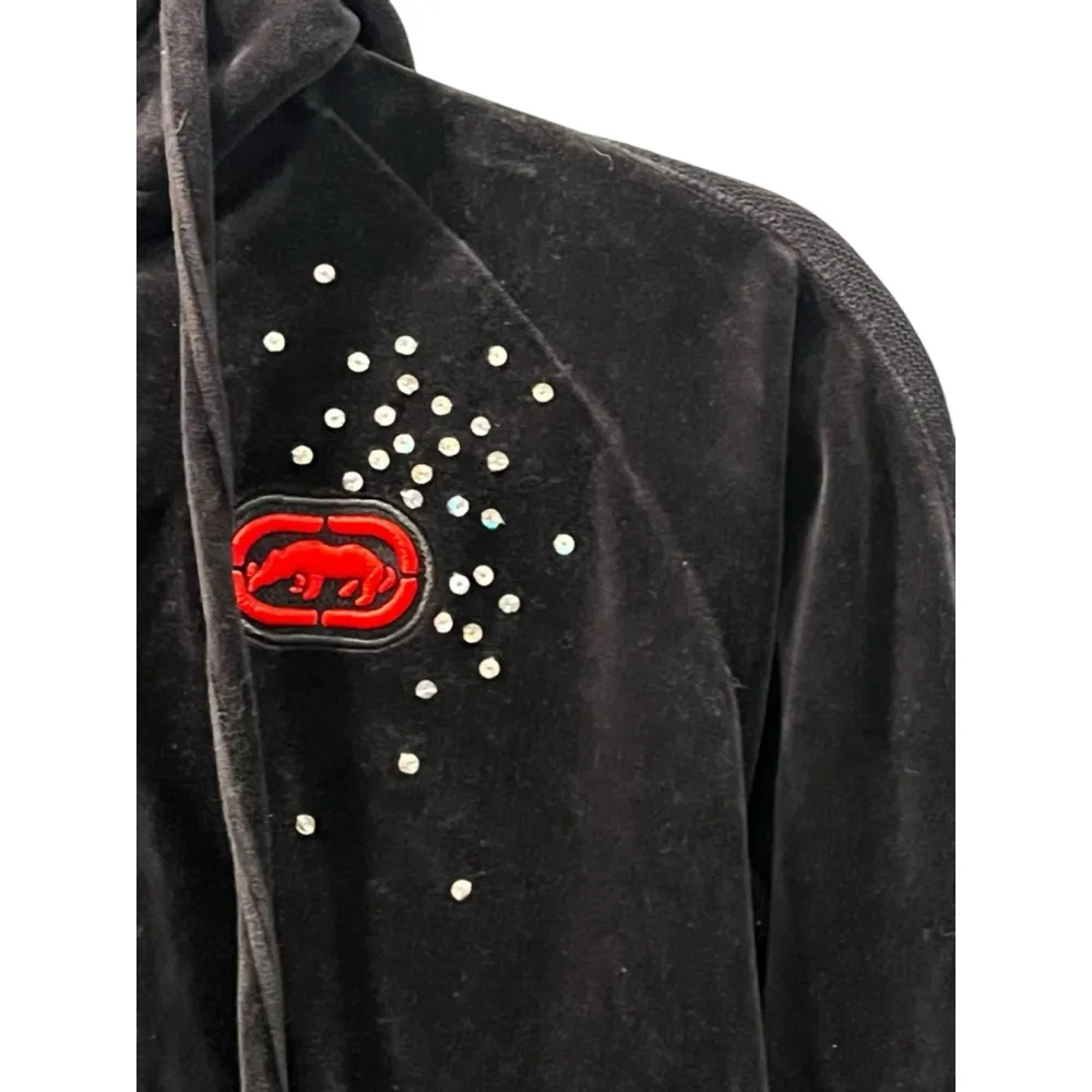 Ecko Red Vintage 90's Velvet Embroidered Rhinestone Zip Up Hoodie Size Medium Black - Image 3
