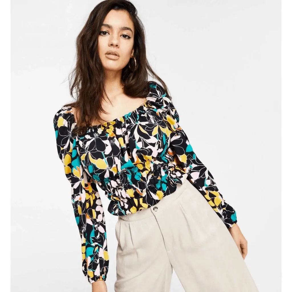 Bar III Black Colorful Floral Miami Bloom Shirred Blouse Small - Image 7