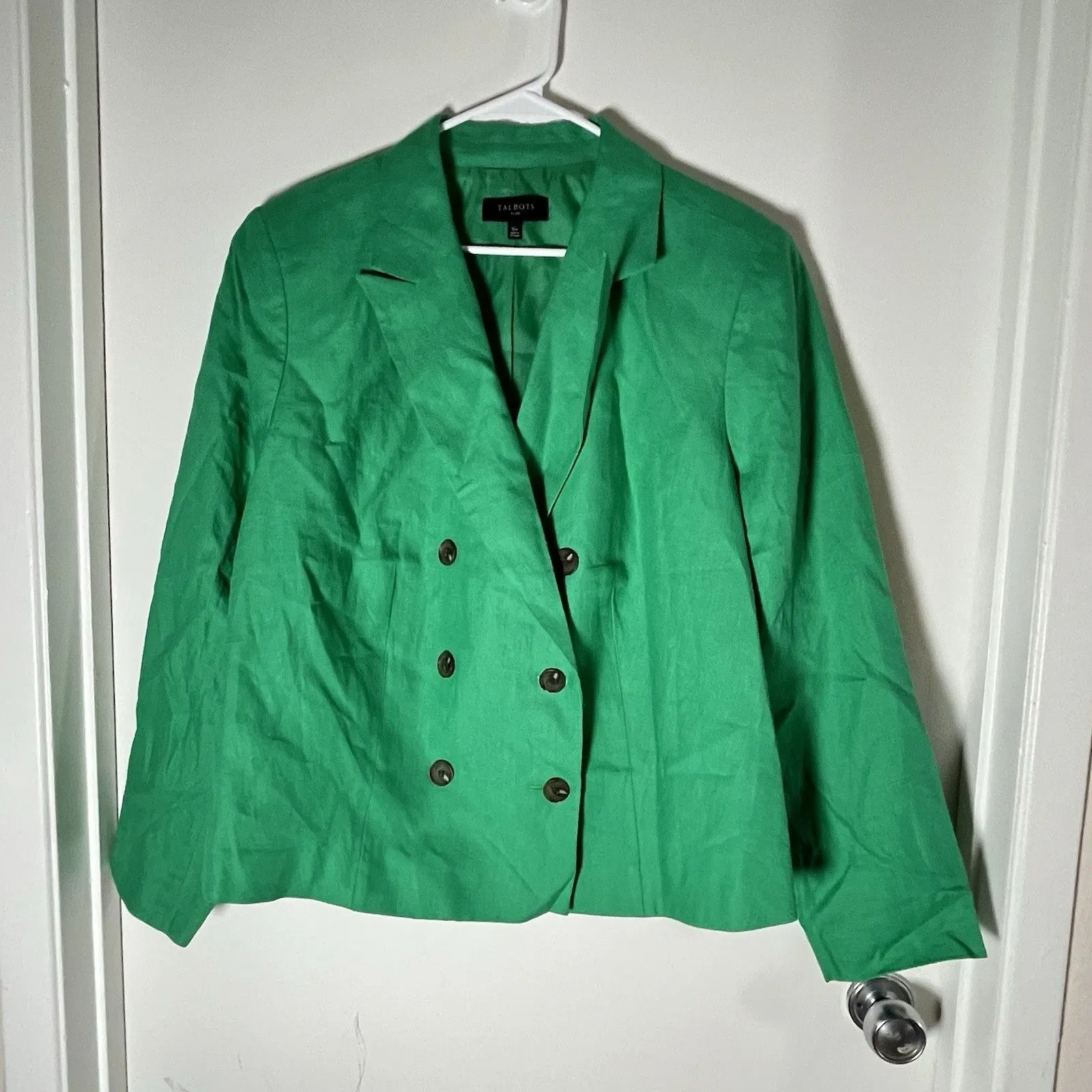Talbots Blazer Womens 14 Kelly Green Linen Cropped Double Breasted Preppy Jacket - Image 2