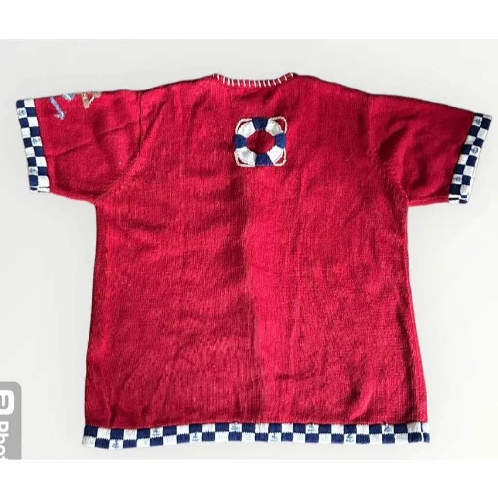 Quacker Factory  Nautical Knit Sweater button Cardigan Red L lighthouse boat - Image 2