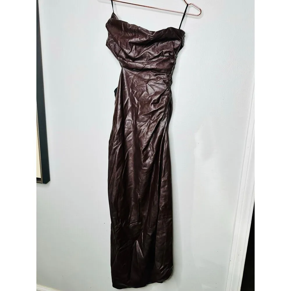 A.L.C. Brown Faux Leather Sleeveless Strapless Ruched Side Cutout Andie Dress 8 - Image 5
