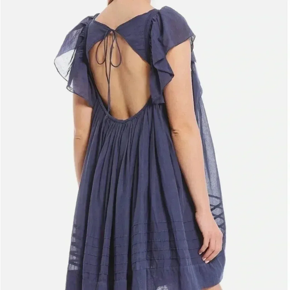 Free People Women's Hailey Cotton Ruffle Short Sleeve Mini Dress Navy M $148 NWT - Image 12
