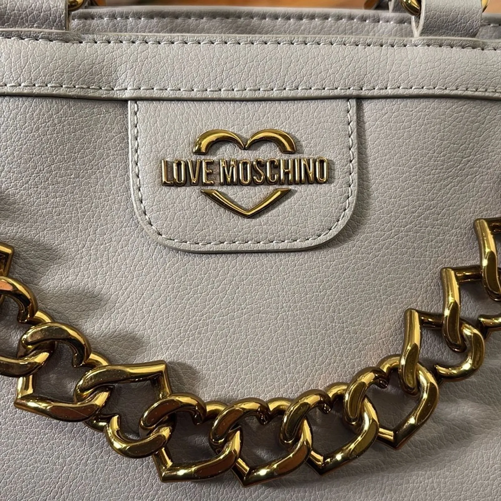 LOVE MOSCHINO Chain Shopper‎ Tote Bag Purse Taupe Light Grey - Image 3
