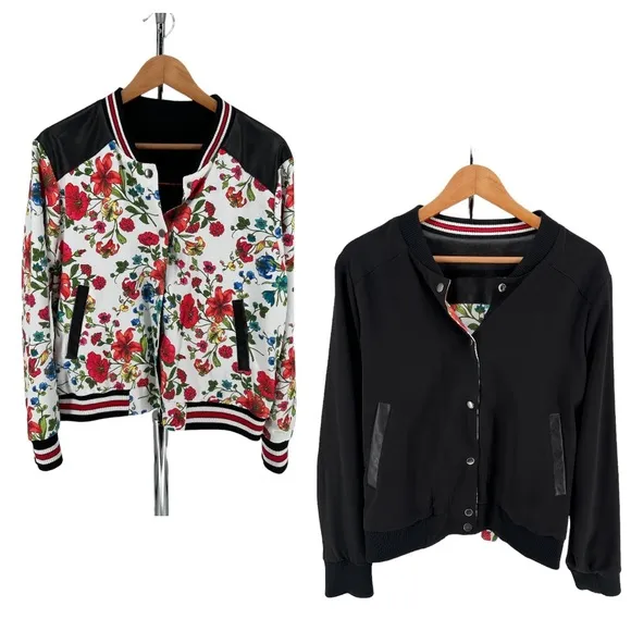 Olivia Culpo x Le Tote Reversible Bomber Jacket Floral Print Faux Leather size L Size L - Image 2
