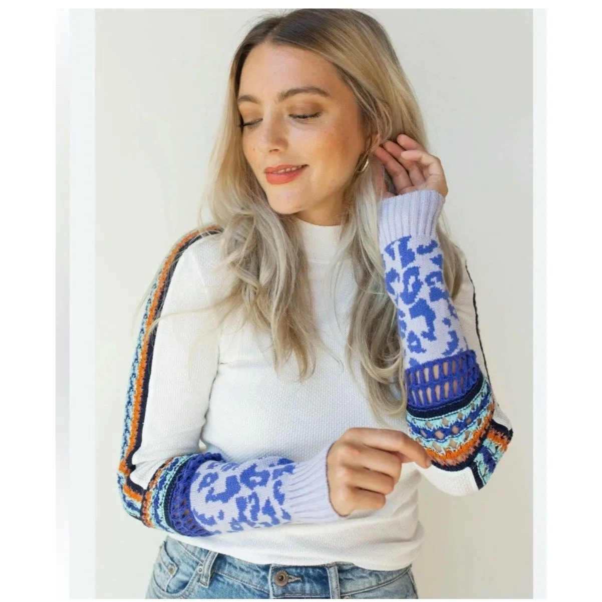 FREE PEOPLE Easy Street Thermal Top XS Multi Knit Leopard Sleeve Mock Neck Y2k - Image 3