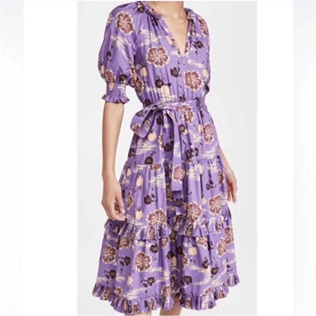 NWOT Ulla Johnson Dasha Popelin Ruffle Tier Purple Zinnia Floral Midi Dress - Image 11