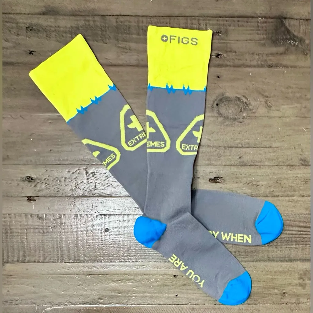 FIGS Compression Socks - Extremes Ready When You Are - Gray Yellow Aqua - Large - Image 3