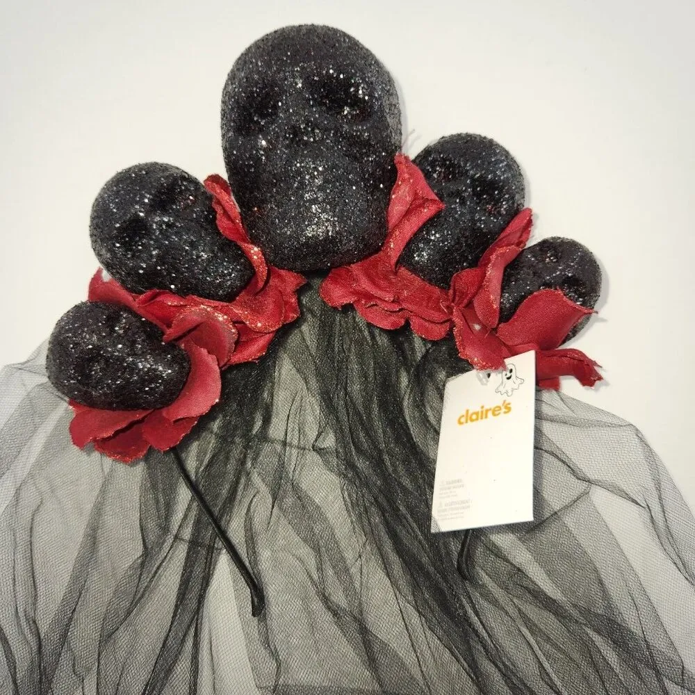 Claire's 5 Skull Halloween Cos Play Headband With Veil Goth Wedding Costume Black - Image 2
