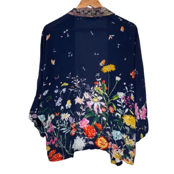 Charlie B Multi Color Butterfly Floral Print Open Front Embroidered Kimono M Blue Size M - Image 2