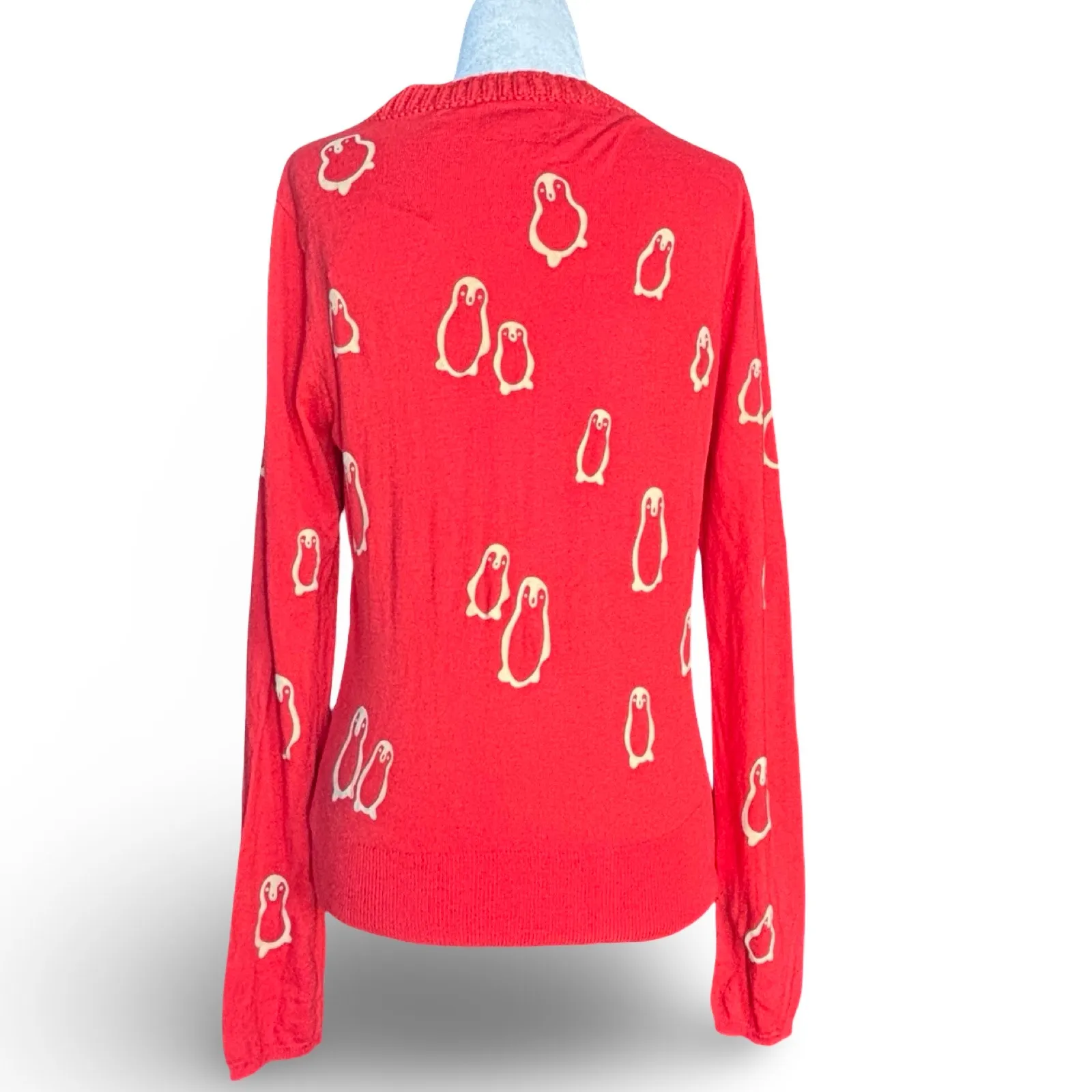 Anthropologie Field Flower Penguin Bright Cherry Red Knit Cardigan Sweater New Size M - Image 5