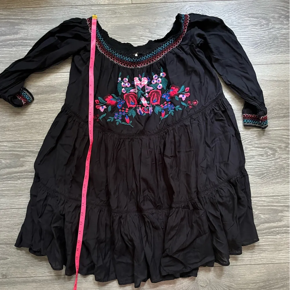 Free People Black Sunbeam Floral Embroidered Tiered Off Shoulder Mini Dress M - Image 7