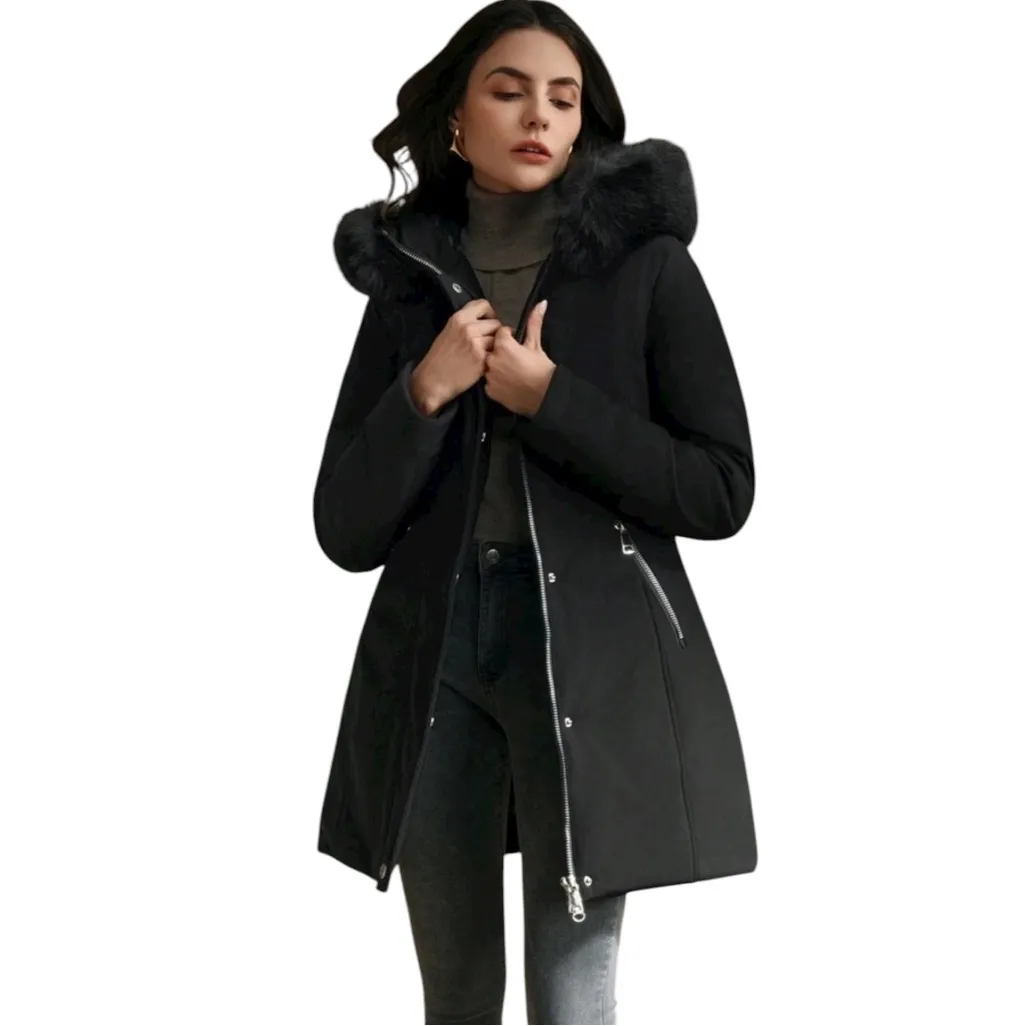 🆕Anewsta Women's Black Mid Length Cinched Waist Hooded Jacket Size L - Image 3