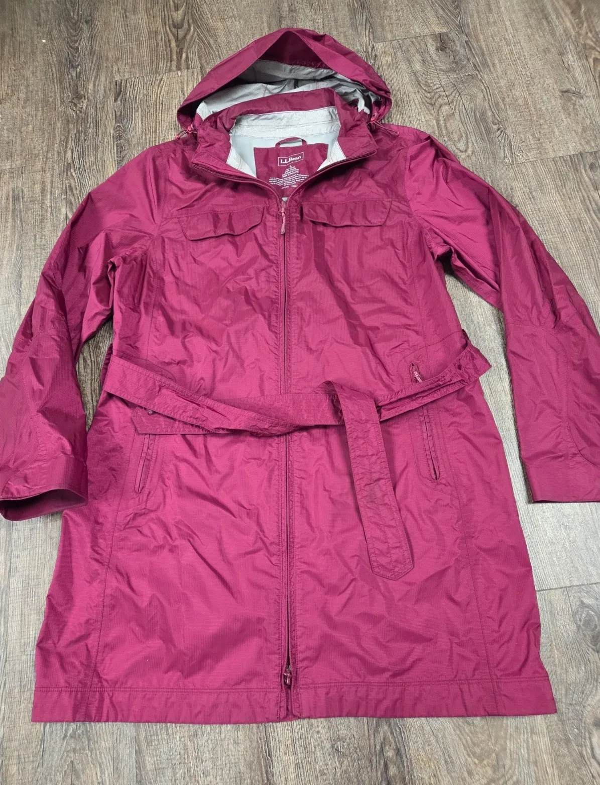 L.L Bean OHVX1 Vented Dark Pink Red Hooded Long Rain Coat Size Large - Image 1