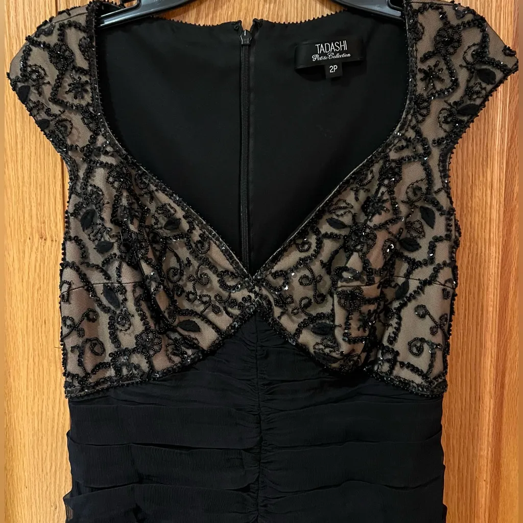 Tadashi Petite Collection Black Silk Beaded Party Formal Midi‎ Dress Size 2P - Image 3