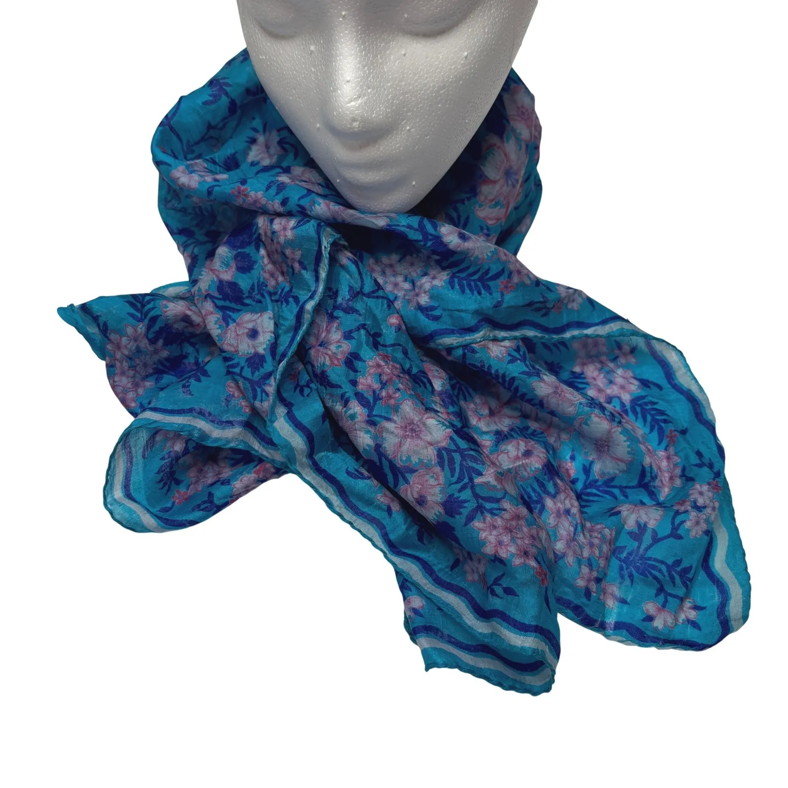 Vintage Blue Silk Pink Cherry Blossom Floral Square Scarf Wrap Lightweight - Image 3