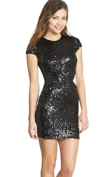Dress The Population Sabrina Fringe Petal Mini Black Sequin Cocktail Dress XS - Image 1