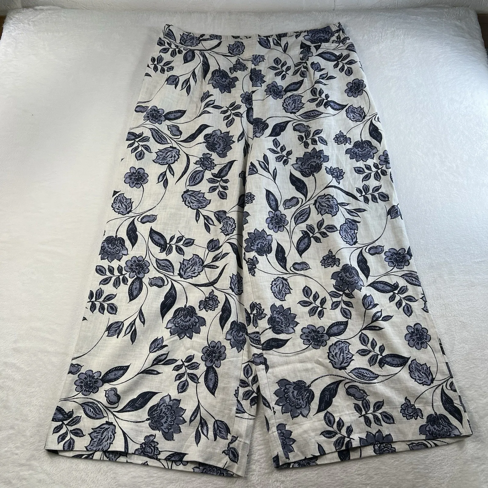 Ella Moss XL Linen Blend Wide Leg Pants Pull On Blue Floral Pockets Resort Beach - Image 3