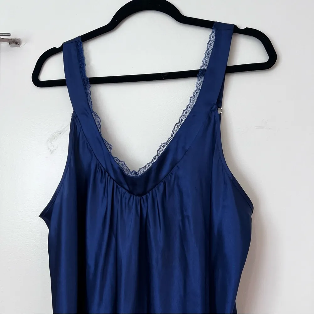 Navy Midnight Blue Silky Lace Midi Nightgown Dress - Image 3