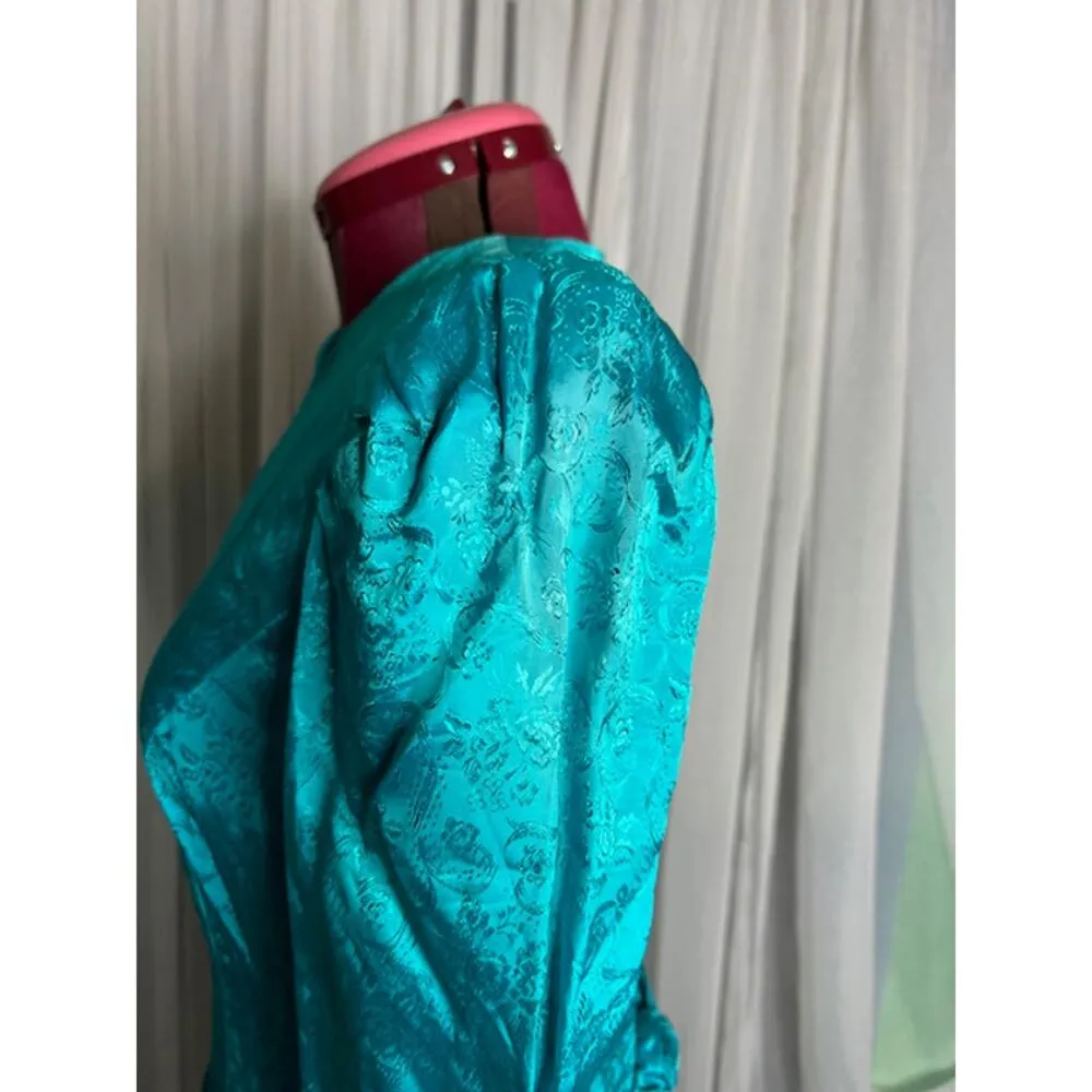 Formal dress lace sleeves puff sleeves vintage 1980s teal floral satin Blue Size M - Image 8