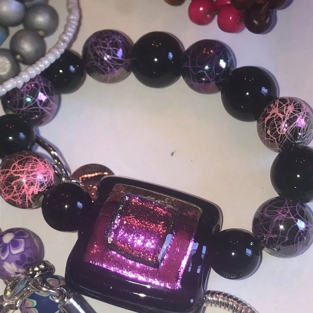 Lot of 10 Multi Color Purple Glass Beaded CZ Rhinestone Boho Stretchy Bracelets - Image 5