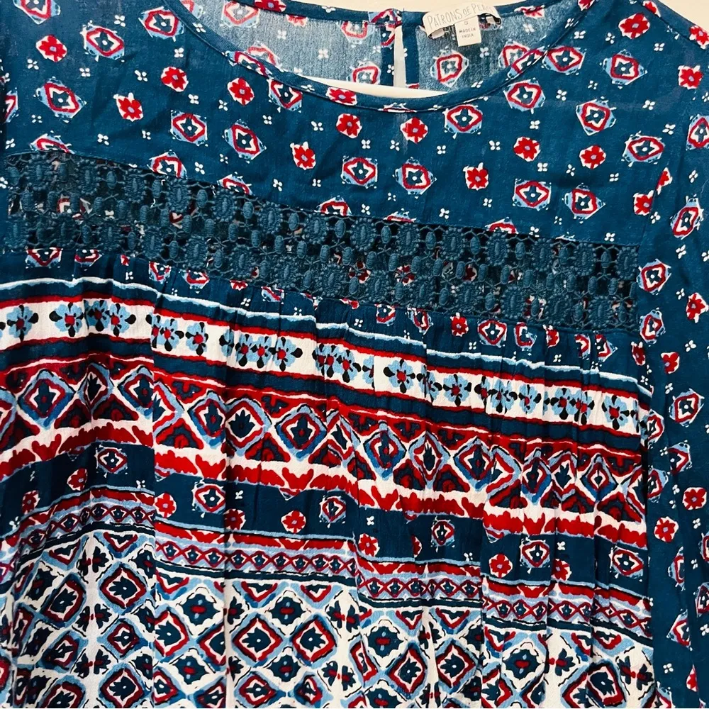 Boho Crochet Detail Tunic by Patrons of Peace size small blue - Image 3