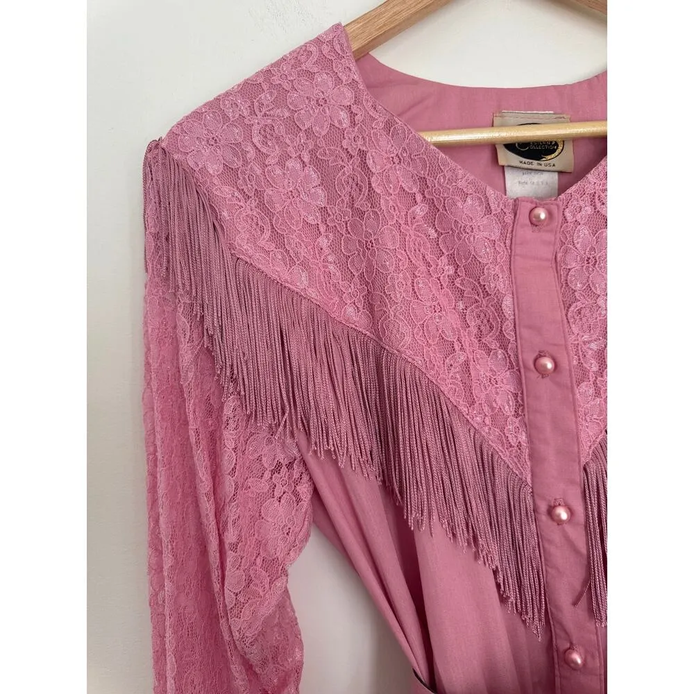 Vintage Western Collection Lace Fringe Trimmed Dress in Pink. Medium Pink - Image 3