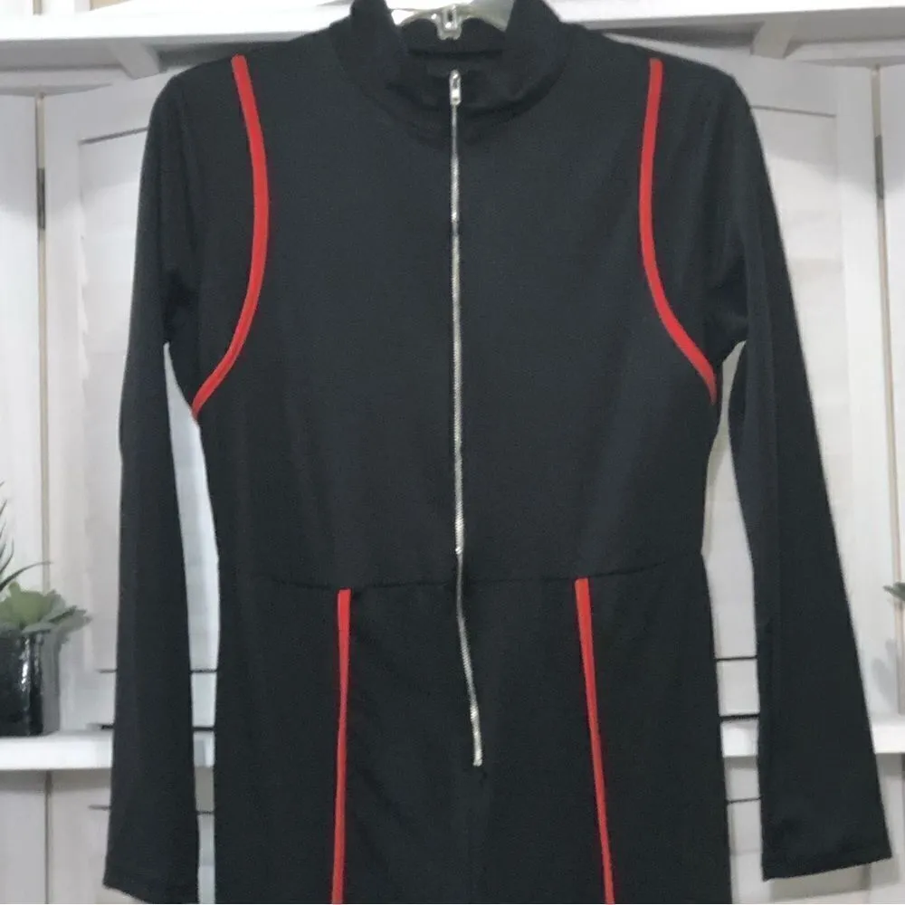 Vintage Y2K Catsuit Jumpsuit Black Red Piping S M - Image 4