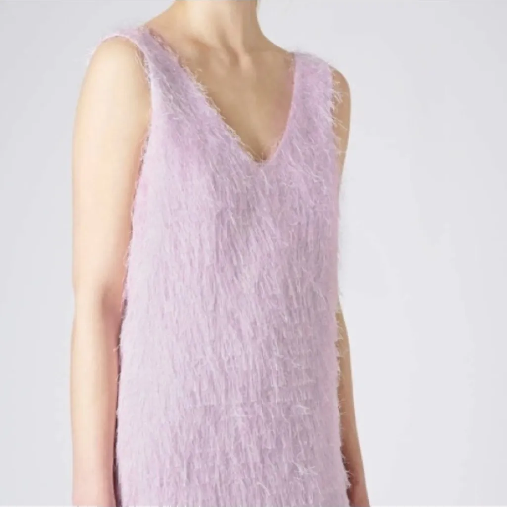 TOPSHOP Lilac Metallic Fuzzy Fringe Deep‎ Plunging V-Back Mini Slip Dress Size 6 - Image 2