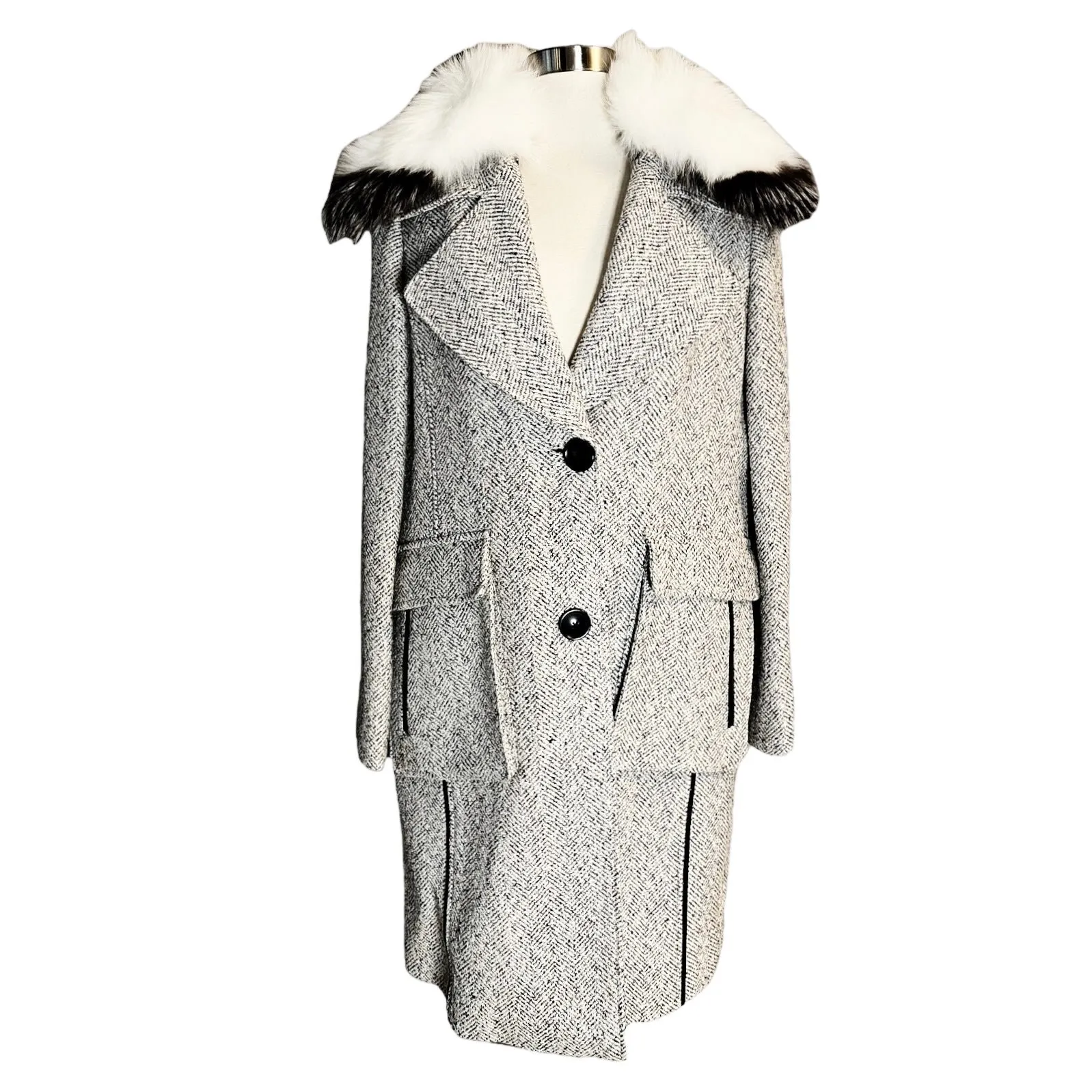 DEREK LAM 10 CROSBY Tweed Coat Wool Fur Collar Pockets White Black Designer 8 - Image 6
