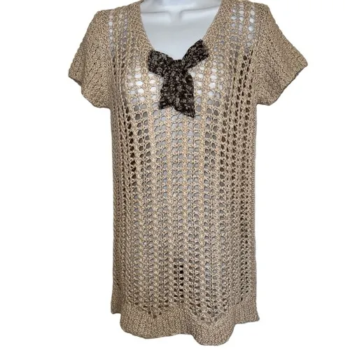 SCOVHUUS‎ ITALY Beige Open Knit Long S/S Sweater With Bow NWOT Size Small Tan - Image 2