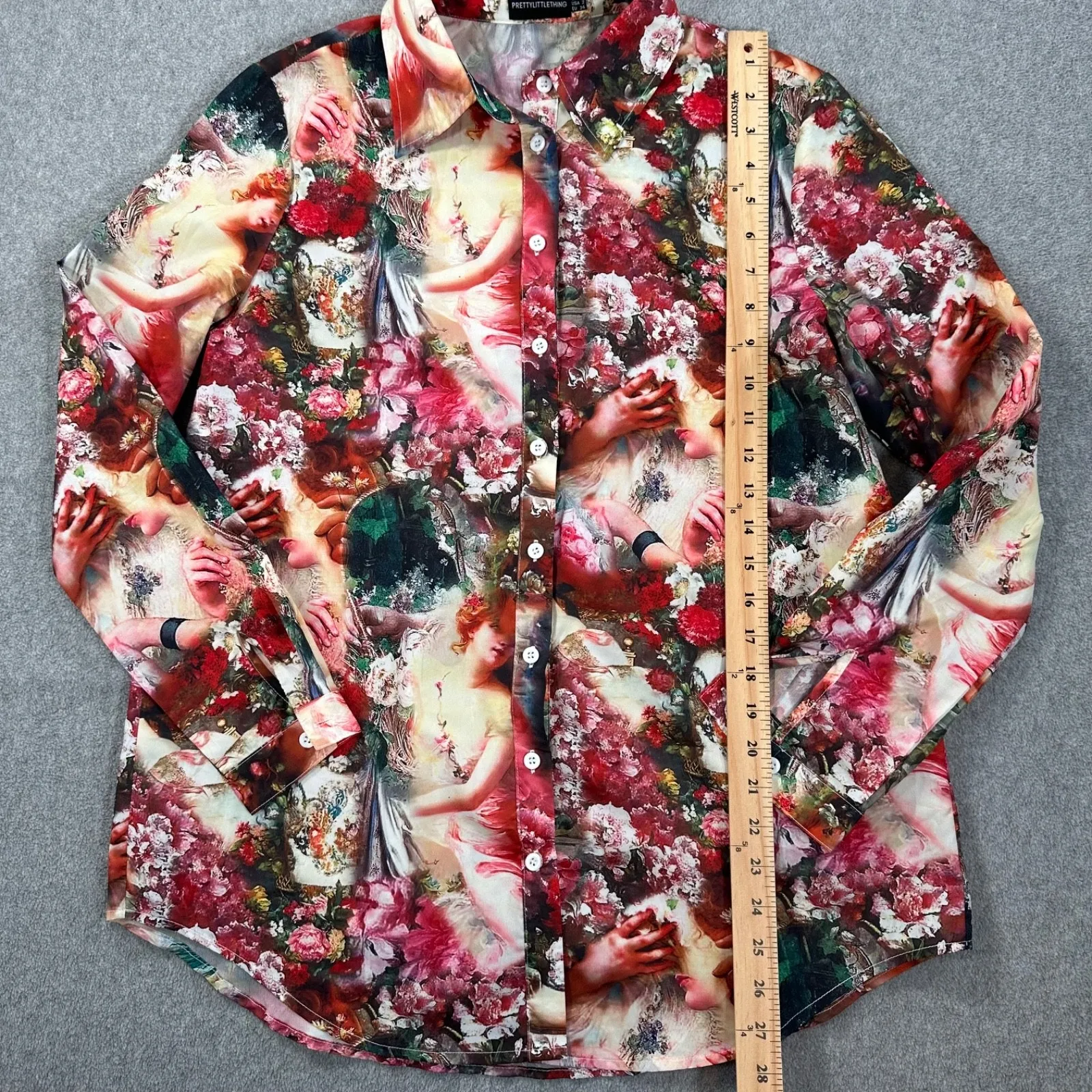 PrettyLittleThing Femme Renaissance Print Button Down Shirt Women's 2 Oversized - Image 6